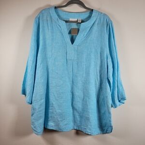 NWT Chico's Linen Tunic Top Size 3 Aqua Blue 3/4 Sleeve Beachy Lightweight